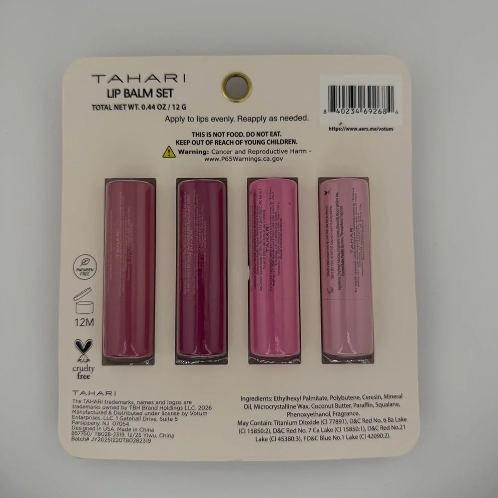 TAHARI Moisturizing Scented Lip Balm Set of 4 - Vanilla Rose Berry Coconut
